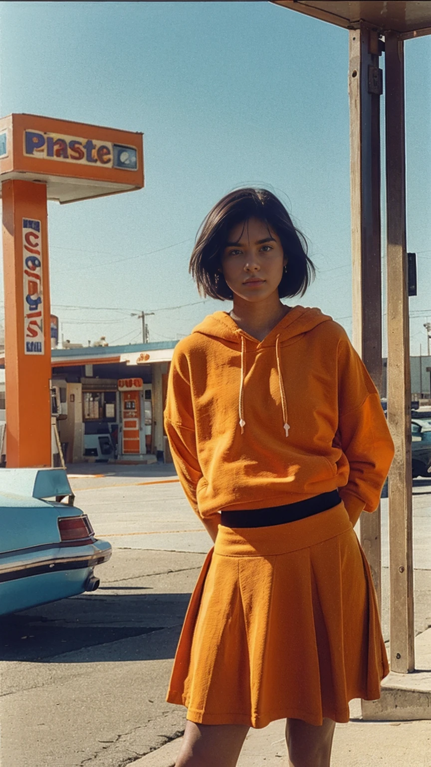 long shot portrait of cute 23 yo girl ,wearing ((orange color oversized_hoodie)), wear ((purple tennis skirt)),looking front,Best Quality,Masterpiece,Ultra High Resolution,Original Photo, 1Girl, light leak,ultra high resolution,UHD,beautiful, (black bob hair), almond eye, no makeup, in front of ((80's abandon gas station)), (realistic:1.2),(very detailed:1.1), ((masterpiece)),summer, blue sky, palm trees,sunny, los angles vibes,film camera, 800mm lens,style of Philip Lorca diCorcia