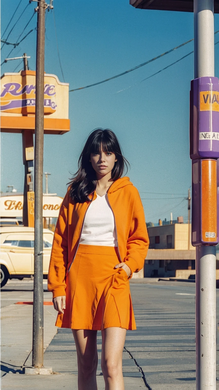 long shot portrait of cute 23 yo girl ,wearing ((orange color oversized_hoodie)), wear ((purple tennis skirt)),looking front,Best Quality,Masterpiece,Ultra High Resolution,Original Photo, 1Girl, light leak,ultra high resolution,UHD,beautiful, (black bob hair), almond eye, no makeup, in front of ((80's abandon gas station)), (realistic:1.2),(very detailed:1.1), ((masterpiece)),summer, blue sky, palm trees,sunny, los angles vibes,film camera, 800mm lens,style of Philip Lorca diCorcia