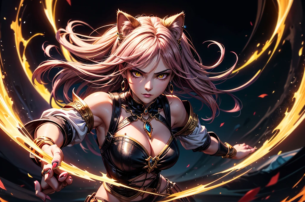 There is lost coliseum there stand female lioness in battle stance, she have ebony colour skin beautiful yellow cat eyes dark gold eyeshadows make up, ring style earrings, her hair is purple with pink highlights . she dressed in white neather topic with golden parts on countures also short and white leather straps on her cat legs instead of boots, her hands have hude ruby claws on her fingers, (ultra high quality fantasy art, dark fantasy style, masterpiece, ultra high quality character design, 8k quality anime art, realistic anime art, top quality wallpaper illustration, detailed ultra high quality accurate face, high quality design and accurate physic)