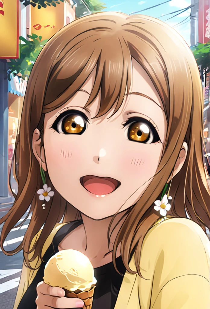 Ultra-realism、One Girl, Long Hair, smile, Hanamaru Kunikida、Reaching out、Background Street、Feed them ice cream、Red cheeks