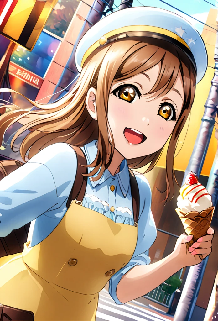 Ultra-realism、One Girl, Long Hair, smile, Hanamaru Kunikida、Reaching out、Background Street、Feed them ice cream、Red cheeks