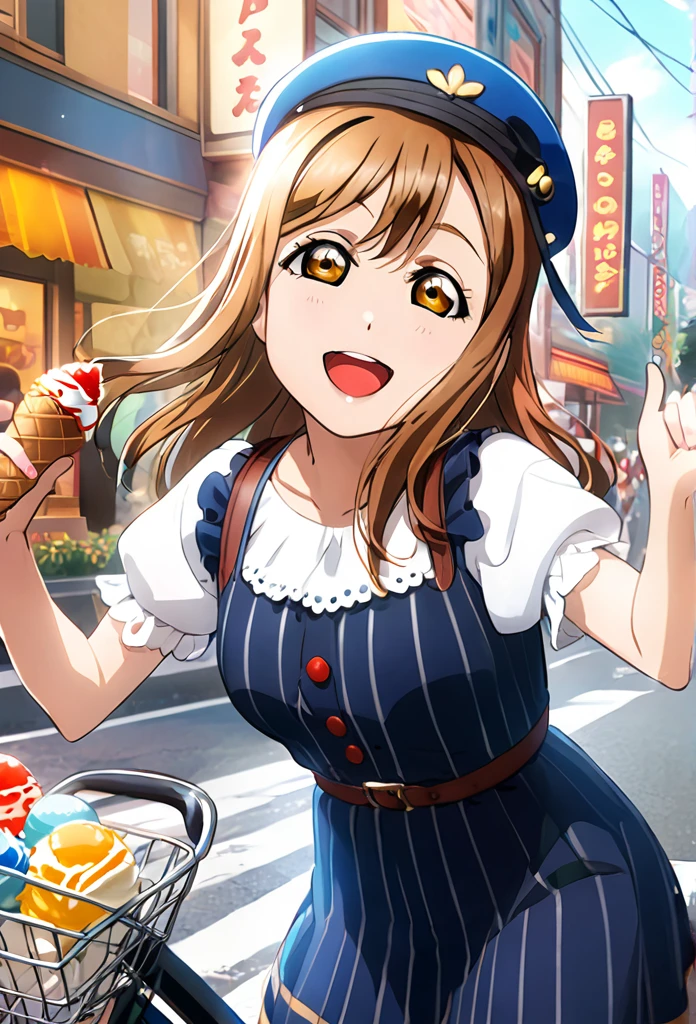 Ultra-realism、One Girl, Long Hair, smile, Hanamaru Kunikida、Reaching out、Background Street、Feed them ice cream、Red cheeks