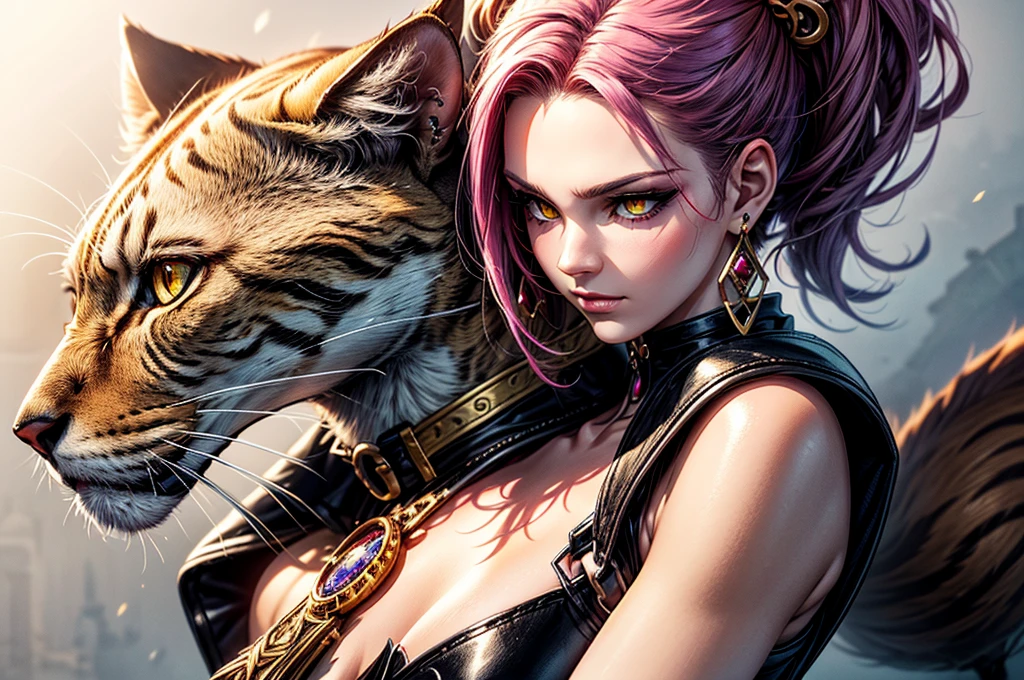 There is lost coliseum there stand female lionessin battle stance, she have ebony colour skin beautiful yellow cat eyes dark gold eyeshadows make up, ring style earrings, her hair is purple with pink highlights . she dressed in white neather topic with golden parts on countures also short and white leather straps on her cat legs instead of boots, her hands have hude ruby claws on her fingers, (ultra high quality fantasy art, anime fantasy style, masterpiece, ultra high quality character design, 8k quality anime art, realistic anime art, top quality wallpaper illustration, detailed ultra high quality accurate face, high quality design and accurate physic)