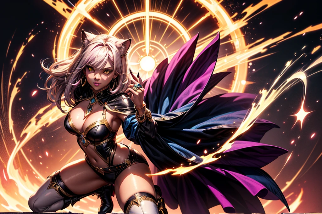 There is lost coliseum there in battle stance stand female lioness , she have ebony colour skin beautiful yellow eyes dark gold eyeshadows make up, ring style earrings, her hair is purple with pink highlights . she dressed in white neather topic with golden parts on countures also short and white leather straps on her legs instead of boots, her hands have hude ruby claws on her fingers, (ultra high quality fantasy art, dark fantasy style, masterpiece, ultra high quality character design, 8k quality anime art, realistic anime art, top quality wallpaper illustration, detailed ultra high quality accurate face, high quality design and accurate physic)