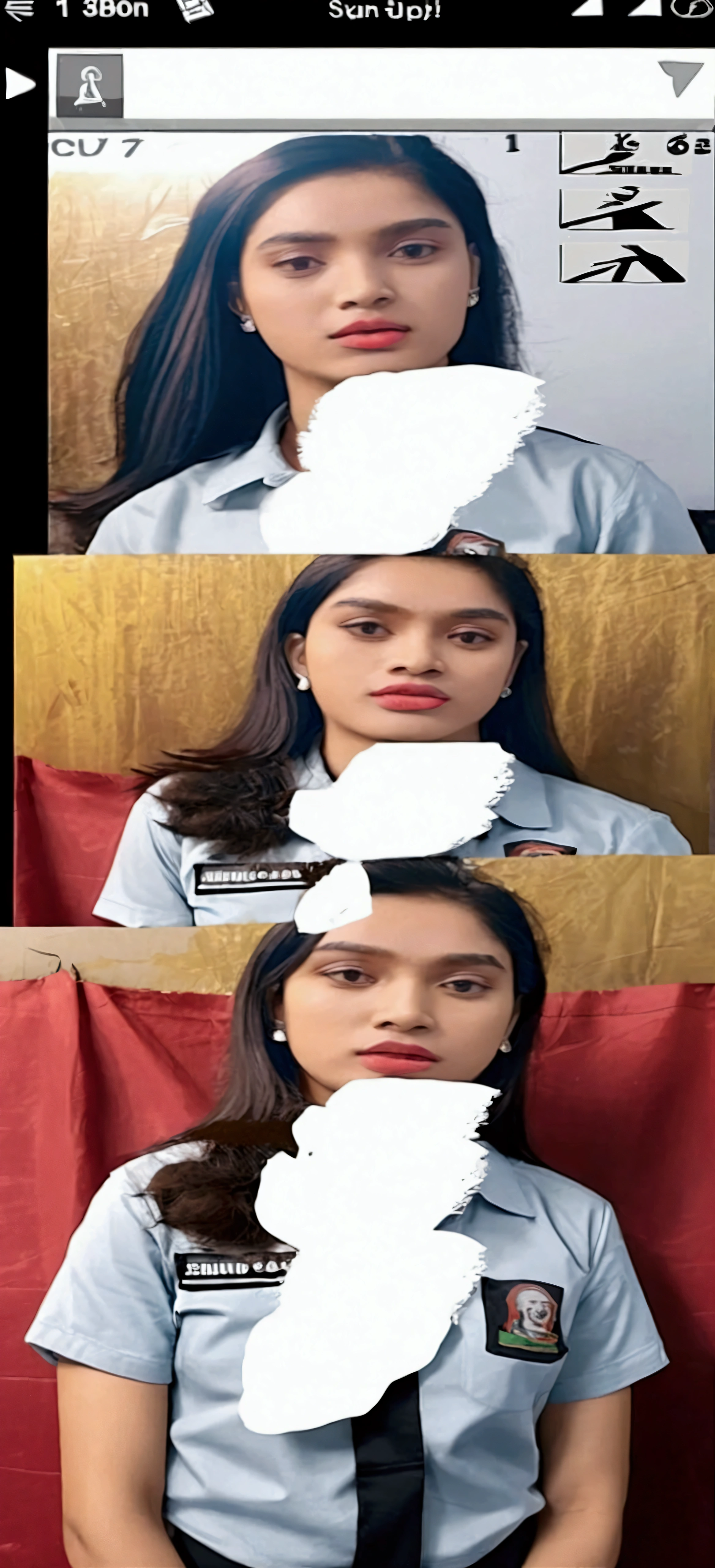 A beautiful woman, 18 years old, with a slightly sweaty face (smells of tamarind), with an expression as if she was smelling her body odor.  wearing an Indonesian high school student council uniform (white and gray, the clothes are super tight, the clothes are really tight on the body which emphasizes the curves of her body along with the long skirt) long black wavy hair.  Create a standing pose in front of the class & also sitting in class (2 photos)!