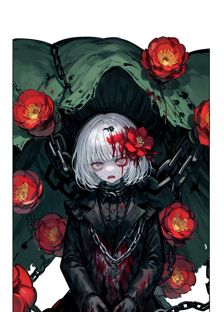 1boy,mutant flower, White hair, blood tears, dark circles under eyes, cursed,(blood cover, chains), scar cover, (high resolution, high detail, best quality), pain, scream