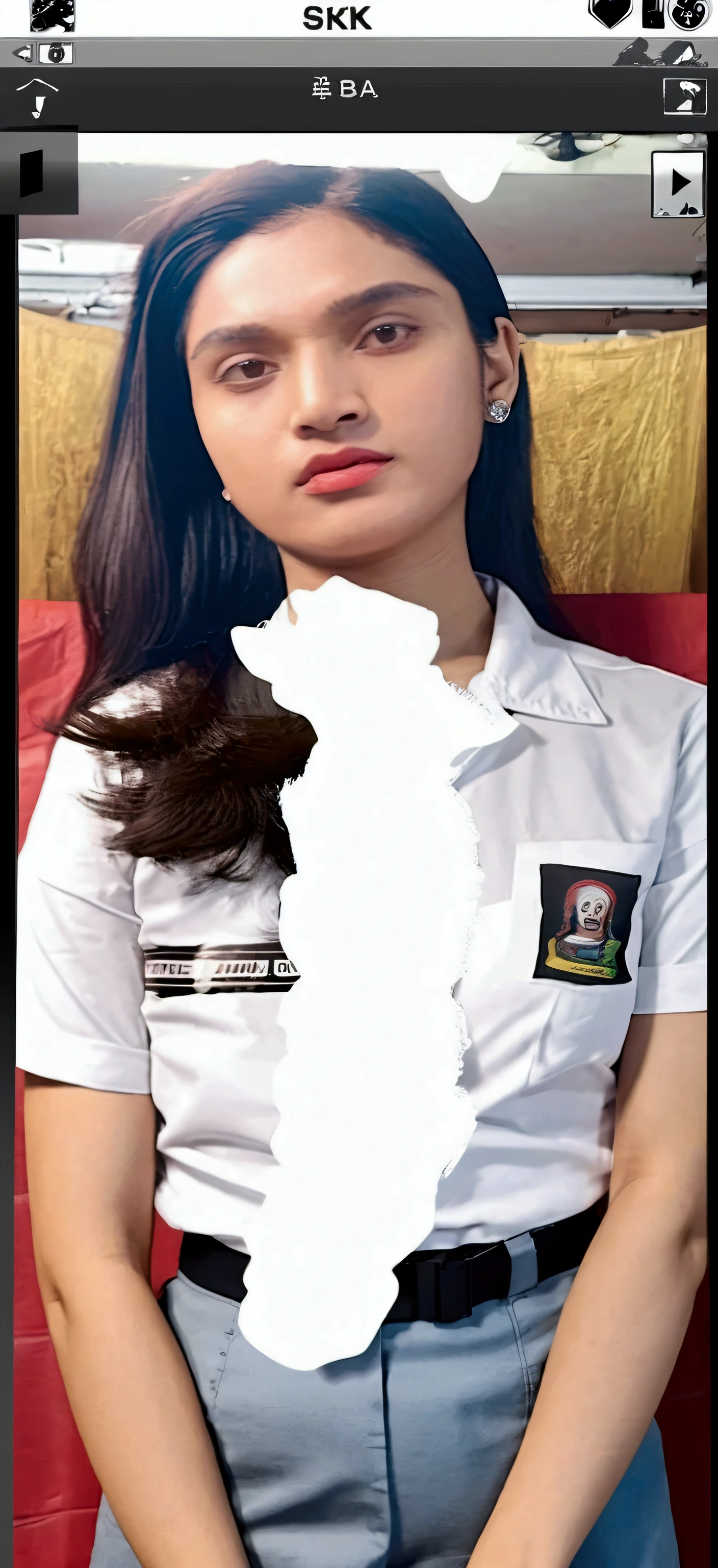 A beautiful woman, 18 years old, with a slightly sweaty face (smells of tamarind), with an expression as if she was smelling her body odor.  wearing an Indonesian high school student council uniform (white and gray, the clothes are super tight, the clothes are really tight on the body which emphasizes the curves of her body along with the long skirt) long black wavy hair.  Create a standing pose in front of the class & also sitting in class (2 photos)!