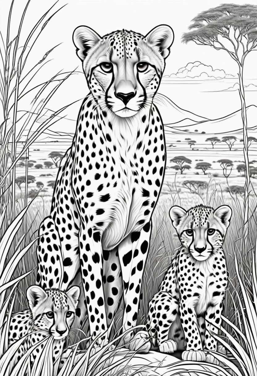 coloring page for children, cheetah with 3 cheetah cubs in the high grassy expanses of Africa with many bushes, cartoon style, thick lines. good resolution suitable for printing