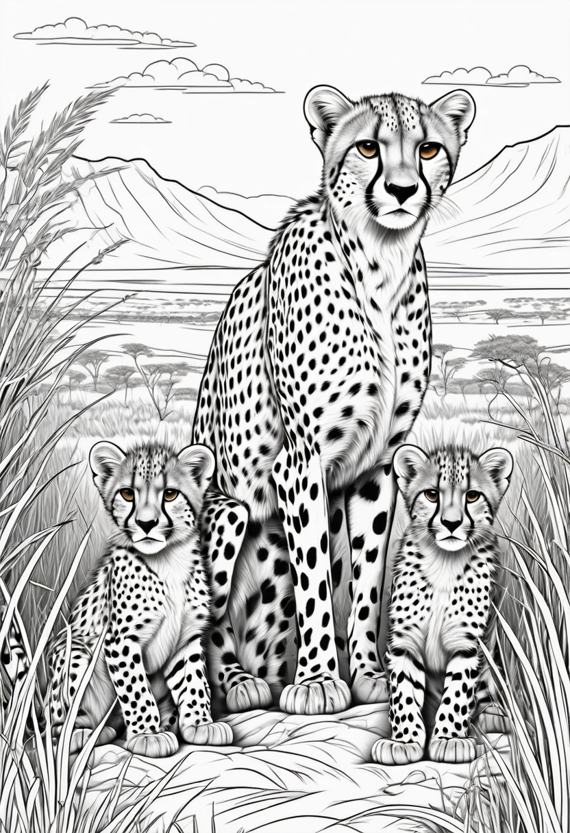 coloring page for children, cheetah with 3 cheetah cubs in the high grassy expanses of Africa with many bushes, cartoon style, thick lines. good resolution suitable for printing