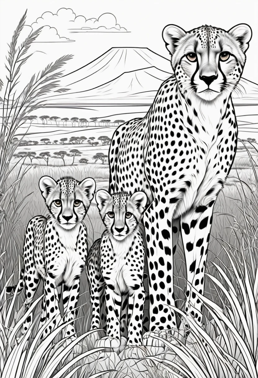 coloring page for children, cheetah with 3 cheetah cubs in the high grassy expanses of Africa with many bushes, cartoon style, thick lines. good resolution suitable for printing