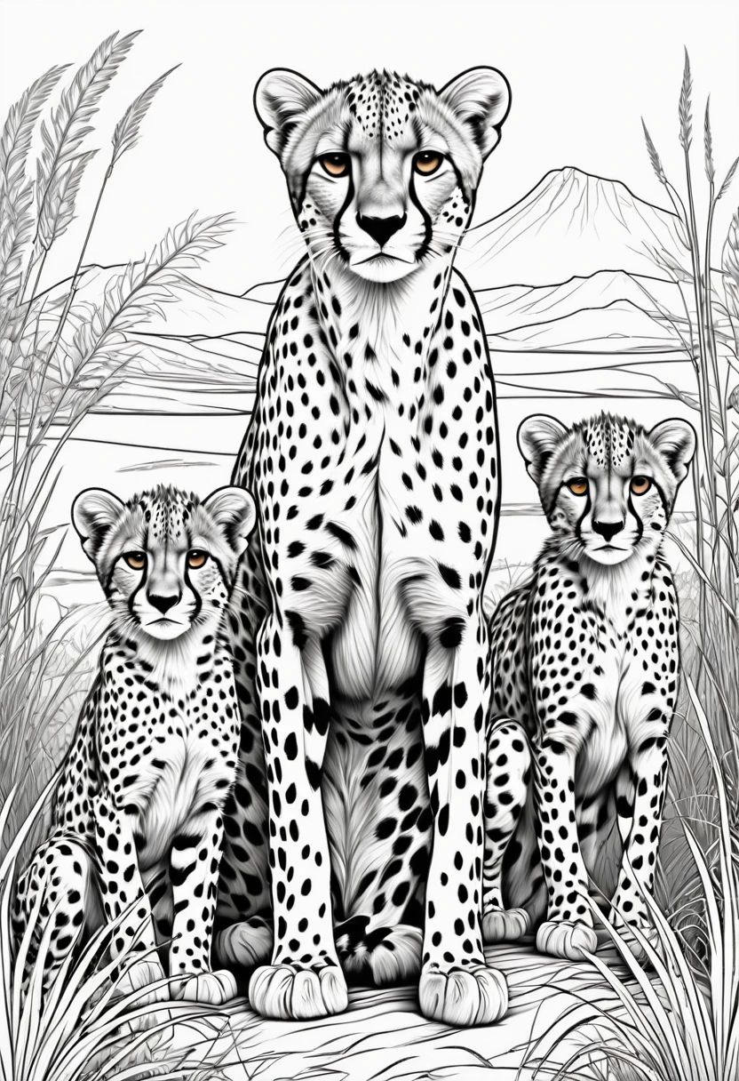 coloring page for children, cheetah with 3 cheetah cubs in the high grassy expanses of Africa with many bushes, cartoon style, thick lines. good resolution suitable for printing
