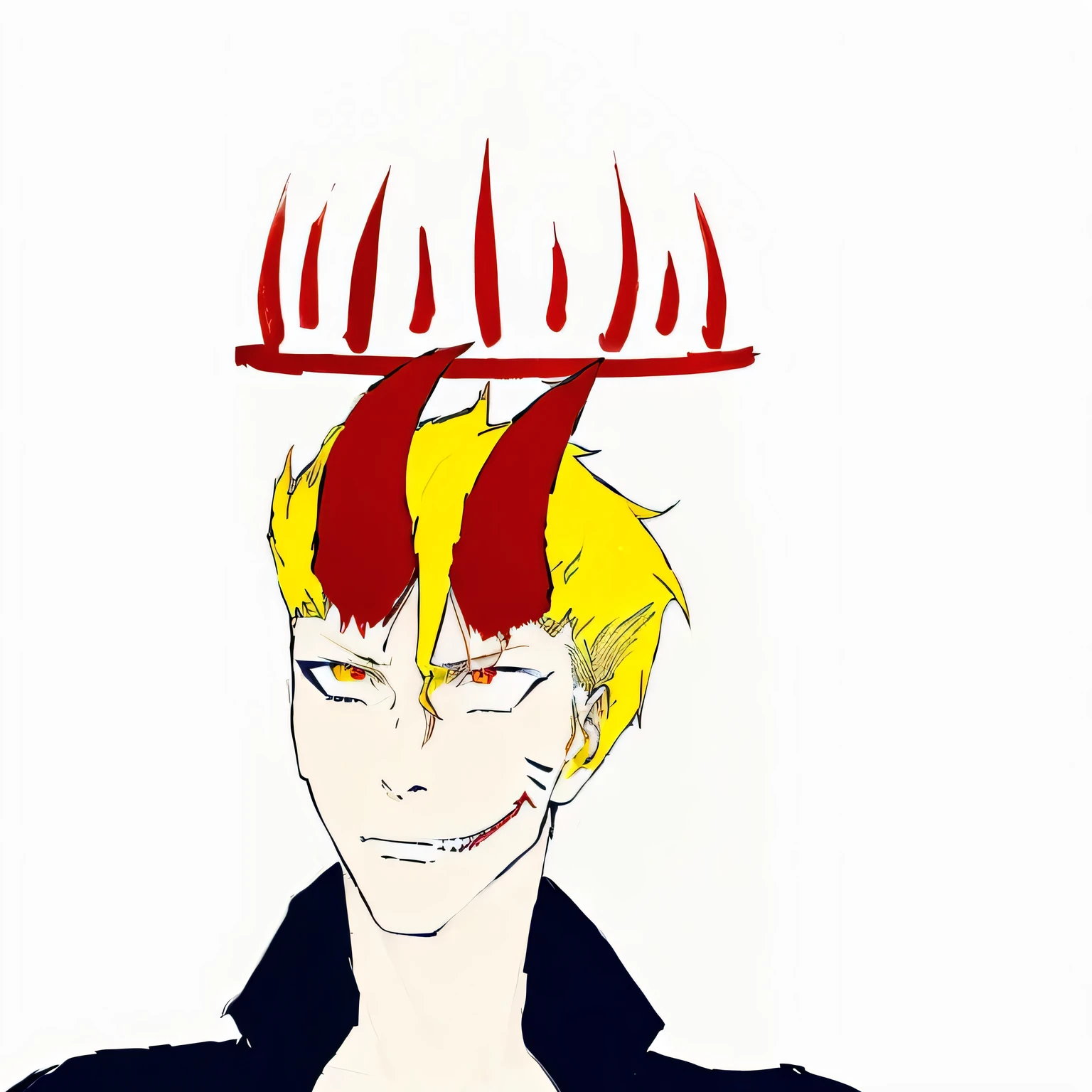 anime drawing of a man with red hair and red and yellow hair, with a spine crown, Ichigo kurosaki, crown of fire, With horns, Ichigo, He is very threatening and evil, oni horns, horns on the head, A devilish smile on his face, burning hell, the joker looks like naruto, with a strange hat