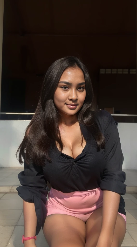 1girl, (Indonesian_high_school), standing, 19 years old, outdoors, detailed face, detailed eyes, huge breasts, shiny skin, indonesian face, perfect body, plump, looking at the audience,(8k, RAW photo, best quality, masterpiece: 1.2), (realistic, realistic: 1.37), ultra-high resolution, Symetric eyes