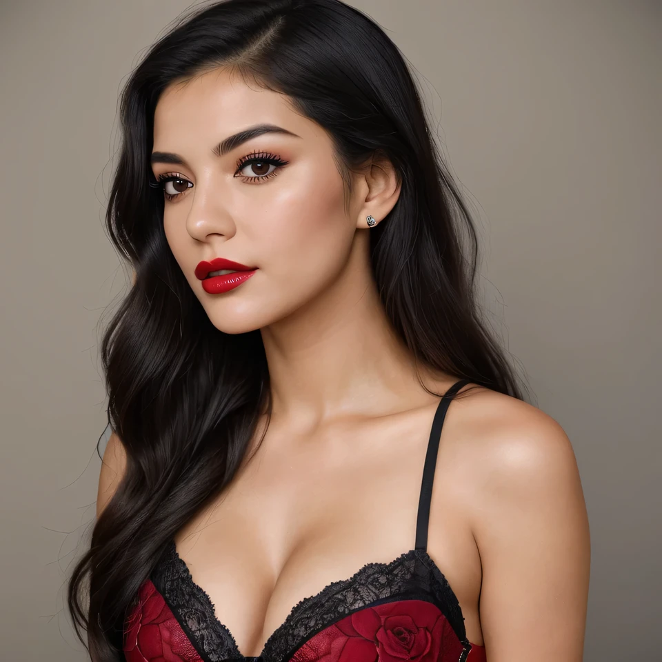 Pose and Angle: Marina should be in a close-up shot from mid-chest up, slightly angled to her right, looking directly at the camera.
Hairstyle: Long, dark, wavy hair cascading down her shoulders, parted slightly off-center.
Outfit: A red lace bra with intricate black floral patterns, matching the design and cut of the reference image.
Bust Size: Ensure Marina's bust is noticeably larger, similar to the reference image.
Background: Use a simple, neutral background to keep the focus on Marina.
Expression and Makeup: Marina should have a calm, confident facial expression with natural makeup, including defined eyebrows, subtle eyeshadow, mascara, a hint of blush, and red lipstick.
Lighting: Soft and natural lighting, highlighting her features without harsh shadows.
Additional Element: Include a small "notify" icon in the lower-left part of the image."
