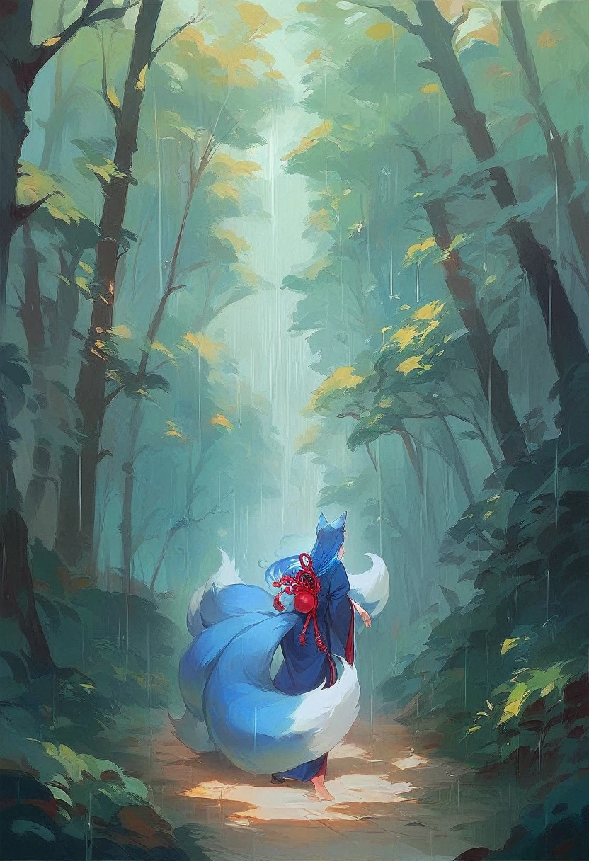 Masterpiece, Extremely detailed, Photo, A beautiful kitsune woman walking in a rainy forest holding a small ball of blue fire, fox ears, nine fox tails, traditional Japanese clothing.