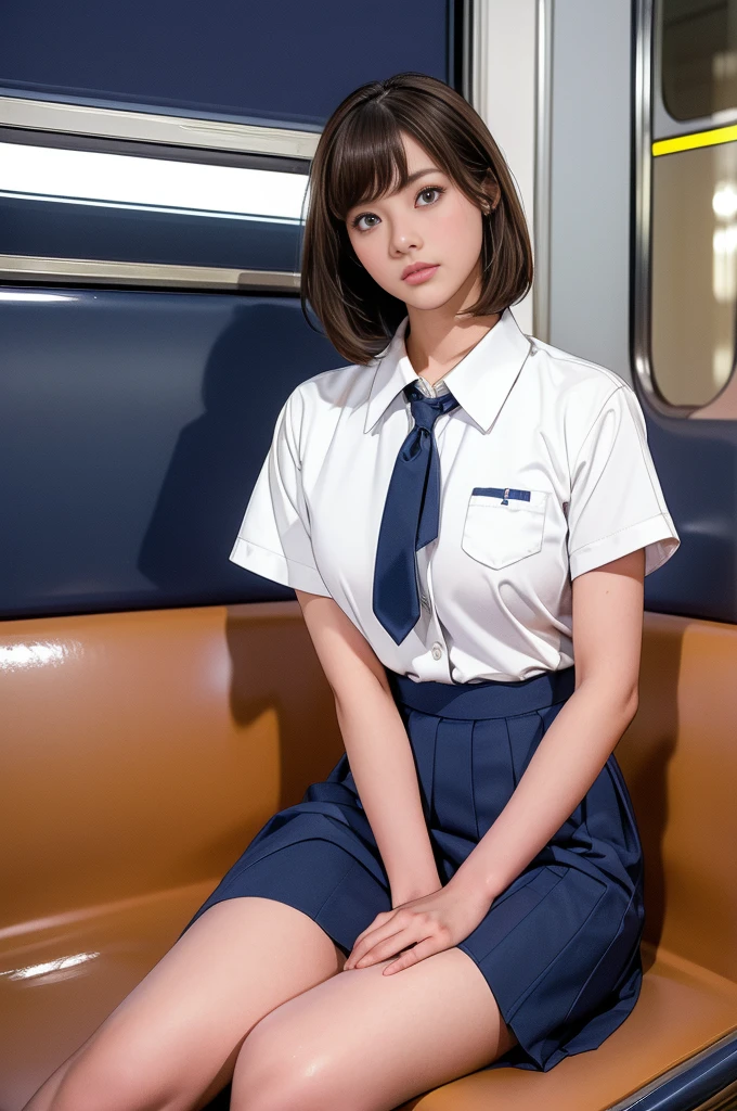 High-resolution images, Atmospheric perspective, 8k, Very detailed, Accurate, Highest quality,
1 girl, alone, chest, Looking at the audience, (Looking at the audience,:1.5),
Brown Hair, Brown eyes, parted lips, underwear, underwear, (Japanese Language School),
(Navy Blue Skirt), (sitting in a train seat:1.5), underwear, underwear, parted lips,
lips, (Navy Blue Skirt), Cowboy Shooting, (((Spread your legs, Arms crossed))), showing sexy white :1.5), Actual ,
(white, Collared shirt, Ribbon tie),
(Do not expose your upper body:1.5),
(Turn your body to the viewer:1.5) , (From below, look up:1.5), ((15 year old Japanese girl, Short Bob))