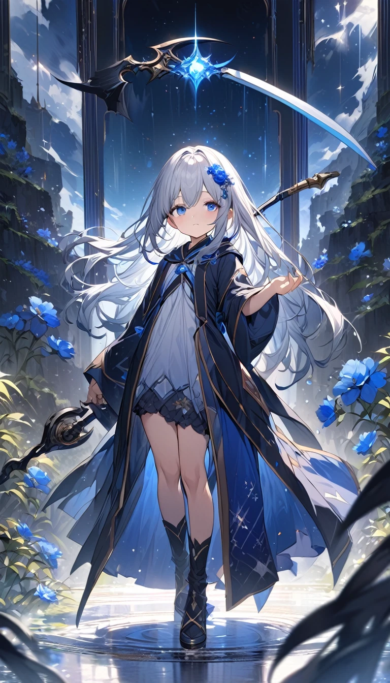 Highest quality,masterpiece,Detailed Details,Super detailed,colorful,The background is dark blue water,Transparency,Use HDR technology to create a sense of depth,beautiful,beautiful自然,Sacred atmosphere,,Alone,Wearing starry wizard robes,Stand in the center of the screen,The whole body faces this way,Look diagonally forward to the left,Hold the scythe in your right hand,Stretch your right hand out to the side,He walks towards me, dragging his scythe across the floor.,A scythe blade made from a blue gem,A scythe handle made from a black gem.,Narrow and gentle eyes,mysterious,Silver hair decorated with blue flowers,Fantasy atmosphere,beautiful虹色の蝶々is flying in the air