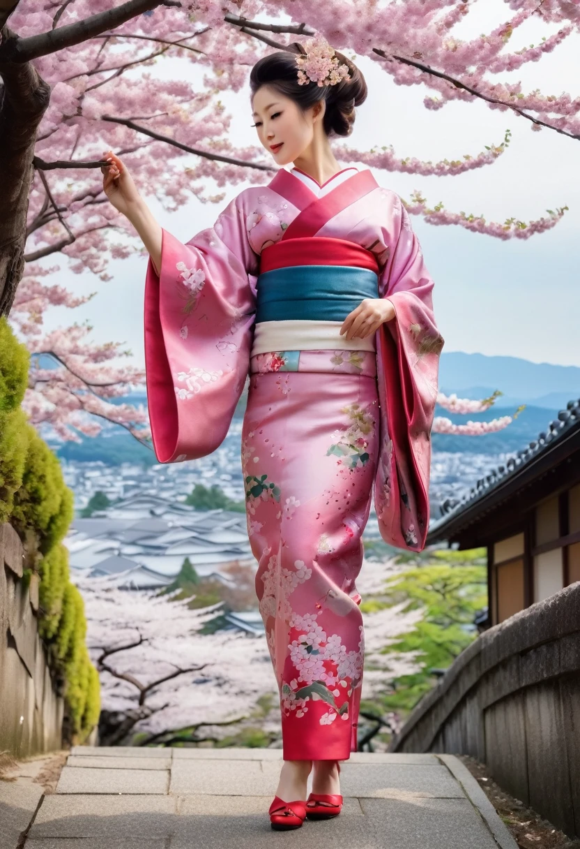 (Cherry blossom :1.5), (ink and watercolor painting:1.5), (Tasteful:1.5), (ink and watercolor painting:1.5), (full color:1.5), 8k, 4k, (landscapes:1.5),(cherry blossom trees:1.5),(wind:1.5),(flying cherry blossom petals:1.5),(kyoto:1.5),(pink theme:1.5),mount fuji in background, 1girl, A darK-haired, Smile, Eye-Level Shot, 8k, Super Detail, uhd, retina, masterpiece, Anatomically correct, Textured skin, kimono, silk fabric, japanese, Japanese clothes, (Wisteria floral pattern), Silk, Japan hair, Trailing hair, Japan beauties, BIG ASS, (wonderful proportions:1.8), (10 head body:1.8), Slim body, thin-waist, (Smart Standing), (Dignified atmosphere), Sense of cleanliness, (Full of elegance), Historical, heroine, refreshing, Edo style, Downtown Atmosphere, Edo-kko, Yoshiwara Geisha, Oiran, oiran, Countries, Juunihitoe, Premium kimono, amorous, Glossy appearance, (Long and beautiful legs:1.6), beautiful legs, (beautiful leg lines), (made in Japan:1.4), Genroku culture, beauty in return, sexy nape, watercolor painting style, half body portrait shot.