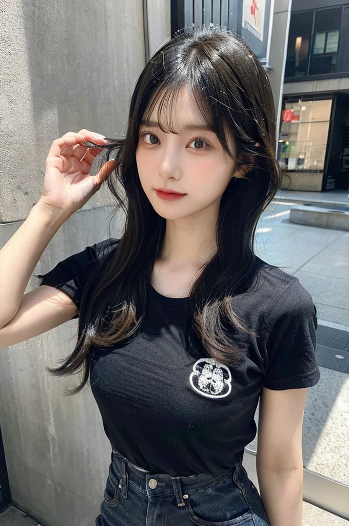 A black hair girl, japnese, t shirt and jeans, tokoyo, perfect face