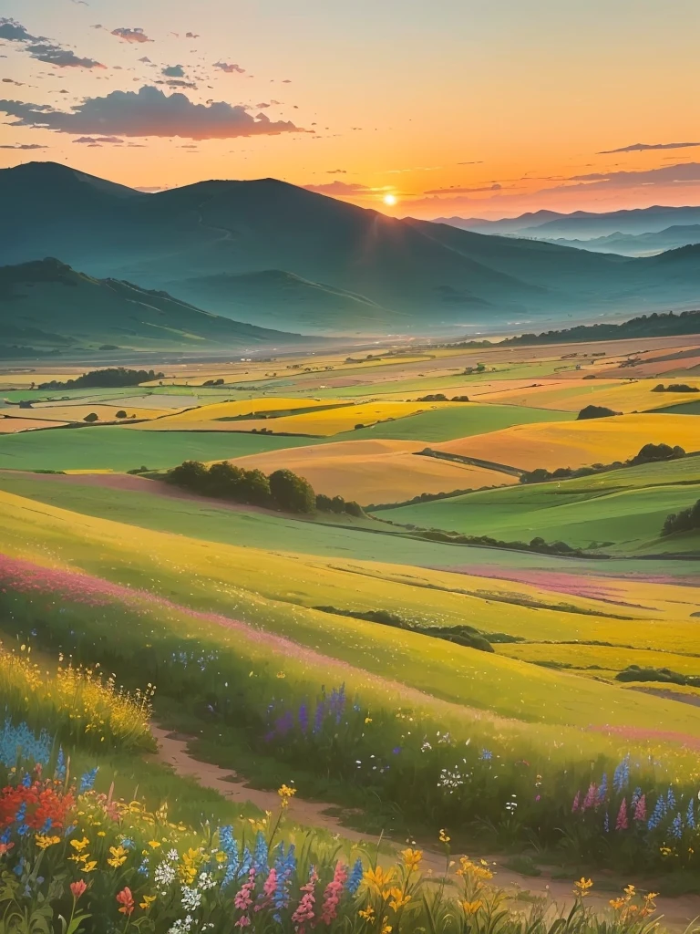 A painting depicting a beautiful sunset over a field of blooming wildflowers, Stunning scenery, Colorful and bizarre landscape, a Beautiful scenery, Stunning scenery, Beautiful scenery, Stunning scenery, the most Beautiful scenery, stunning nature in background, Stunning scenery in background, Colorful landscape paintings, Tranquil scenery, Dreamlike scenery, beautiful summer landscape, epic Beautiful scenery, Sunset in the valley, Really beautiful nature