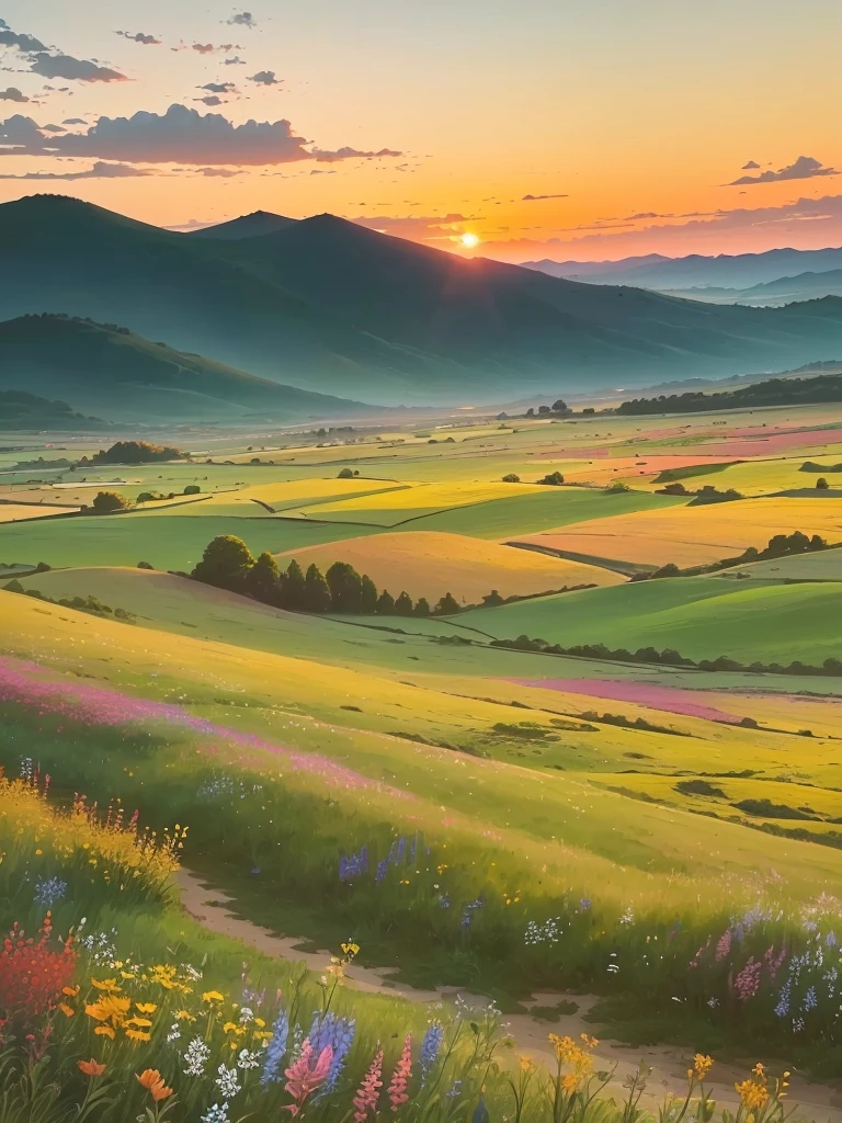 A painting depicting a beautiful sunset over a field of blooming wildflowers, Stunning scenery, Colorful and bizarre landscape, a Beautiful scenery, Stunning scenery, Beautiful scenery, Stunning scenery, the most Beautiful scenery, stunning nature in background, Stunning scenery in background, Colorful landscape paintings, Tranquil scenery, Dreamlike scenery, beautiful summer landscape, epic Beautiful scenery, Sunset in the valley, Really beautiful nature