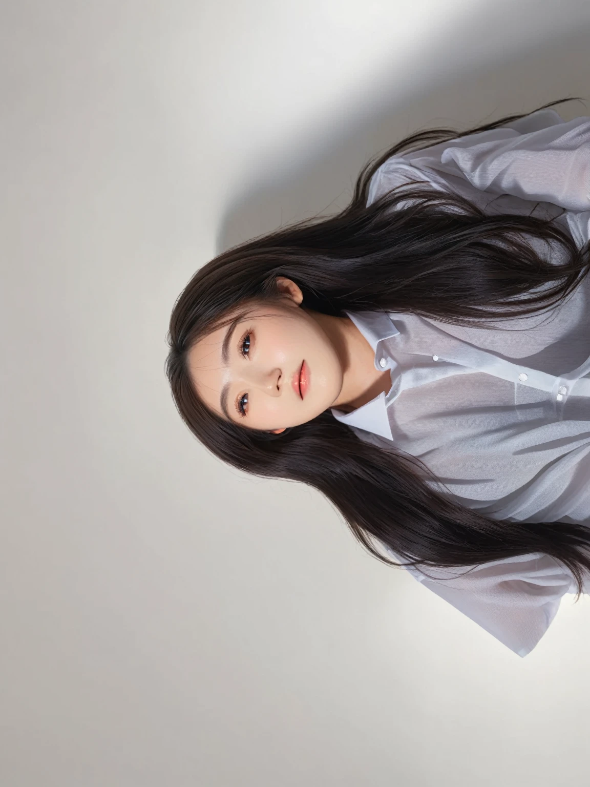 Best Quality, 8k, Masterpiece, (Portrait: 1.3), (photo realistic:1.4), (hyper realistic:1.4), Sharp Focus, looking at viewer, (smoother lighting:1.1), (increase cinematic lighting quality:0.9), realistic lighting, backlighting, light on face, ray trace, (brightening light:1.2), (Increase quality:1.4), sharp detail, (best quality real texture skin:1.4), finely detailed eyes, black_eyes, finely detailed face, 25 year old Korean woman, (white formal_shirt:1.4), (Create an image maintaining the original base model hairstyle:1.5)