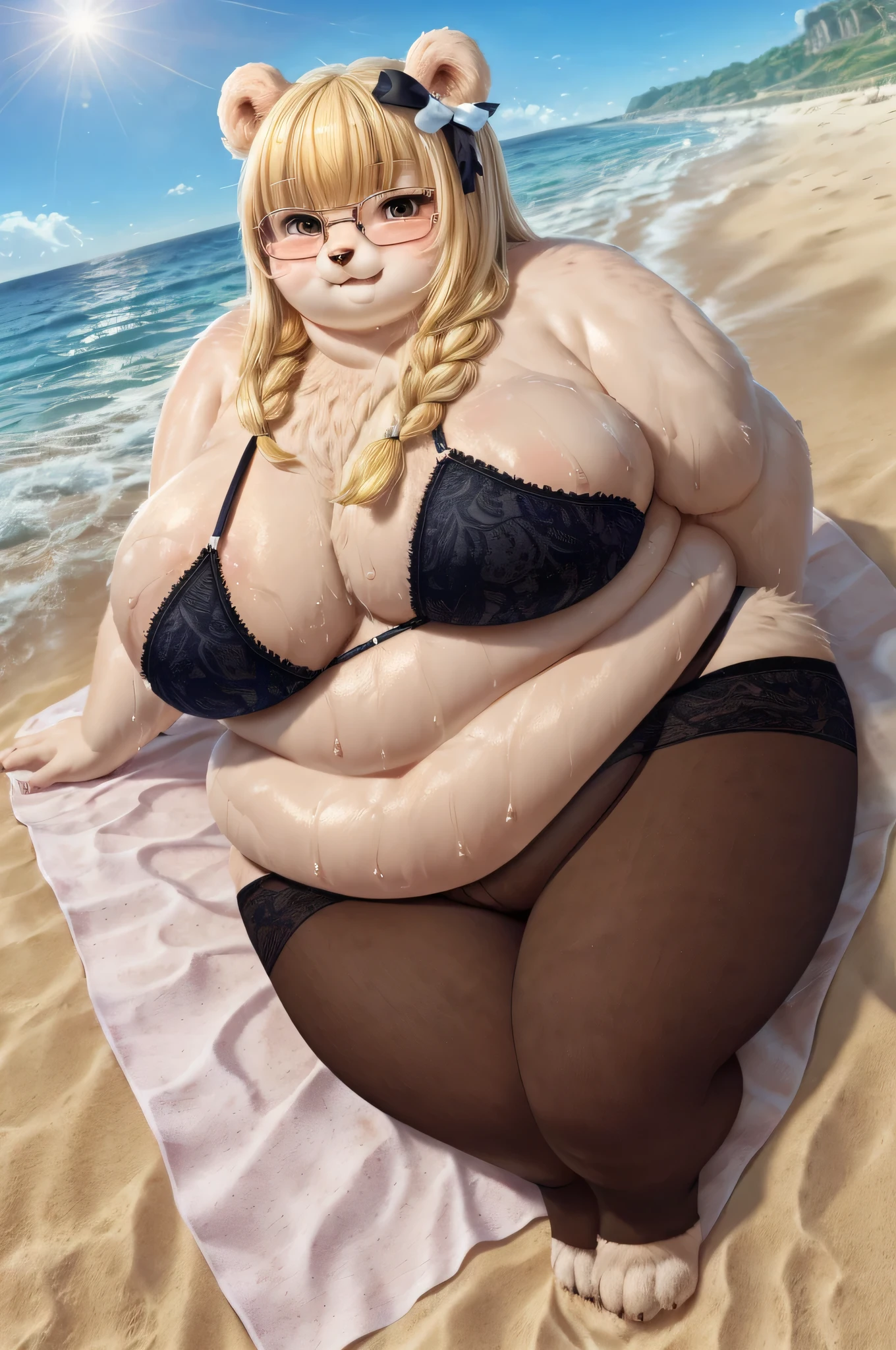 ((highest quality)),(kawaii:1.2) BREAK (Morbid obesity:1.7),cute BREAK (((obese))) BREAK (Light gold hair),Braid,Red rimless glasses,Under Rim,((bangs bangs)) break ahegao,(Double chin:1.2) BREAK (bear:1.2),(hair ribbon,garter belt,pantyhose) BREAK (saggy breasts:1.3),(long breasts:1.3),(((wet skin))),Bikini,beach,sea BREAK show BREAK lying on the beach