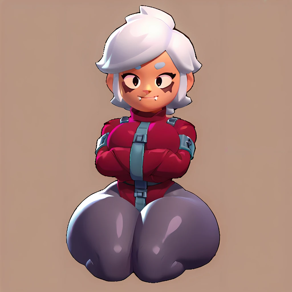 Colette de brawl stars, short white hair, SMILE, fangs, straitjacket, big breasts, big ass, thick thighs, sitting