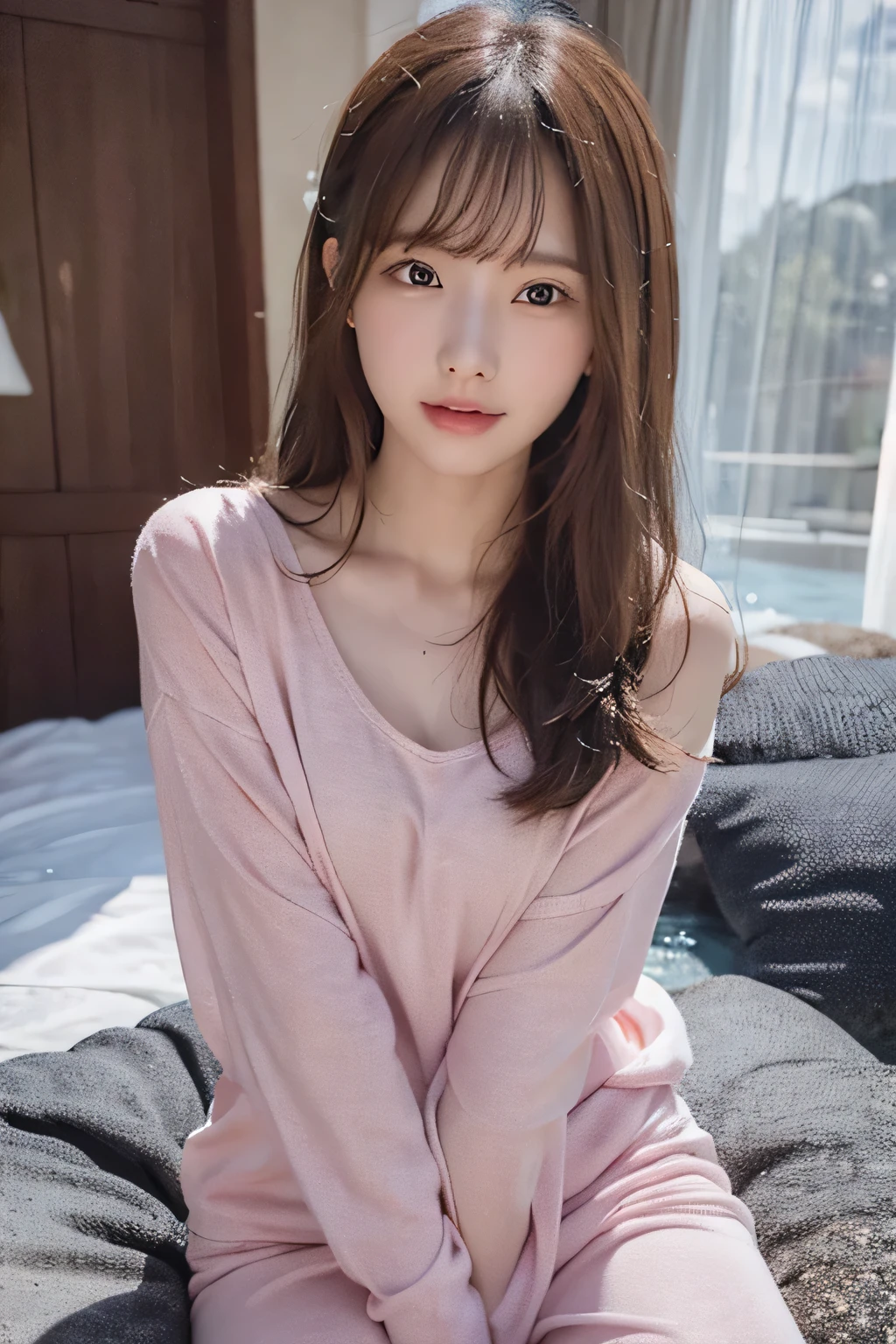 UHD, high quality, best quality, 16k,4K(8K),pajamas,Hotel,Sitting on a bed