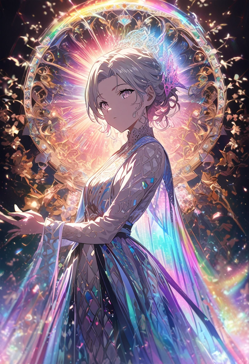 In a world where technology meets spirituality, a luminous celestial being bathes in a holographic aura of rainbow light, radiating a sense of otherworldly beauty. The image is a digital hologram projected against a stark black background, creating a striking contrast. Its ethereal presence is highlighted by intricate metallic filigree patterns that seem to dance and shift with every movement. The details are so incredibly vivid and realistic that it feels as if the divine entity could step out of the screen at any moment. The overall effect is mesmerizing, drawing viewers into a realm of awe-inspiring wonder and magic.anime , girl