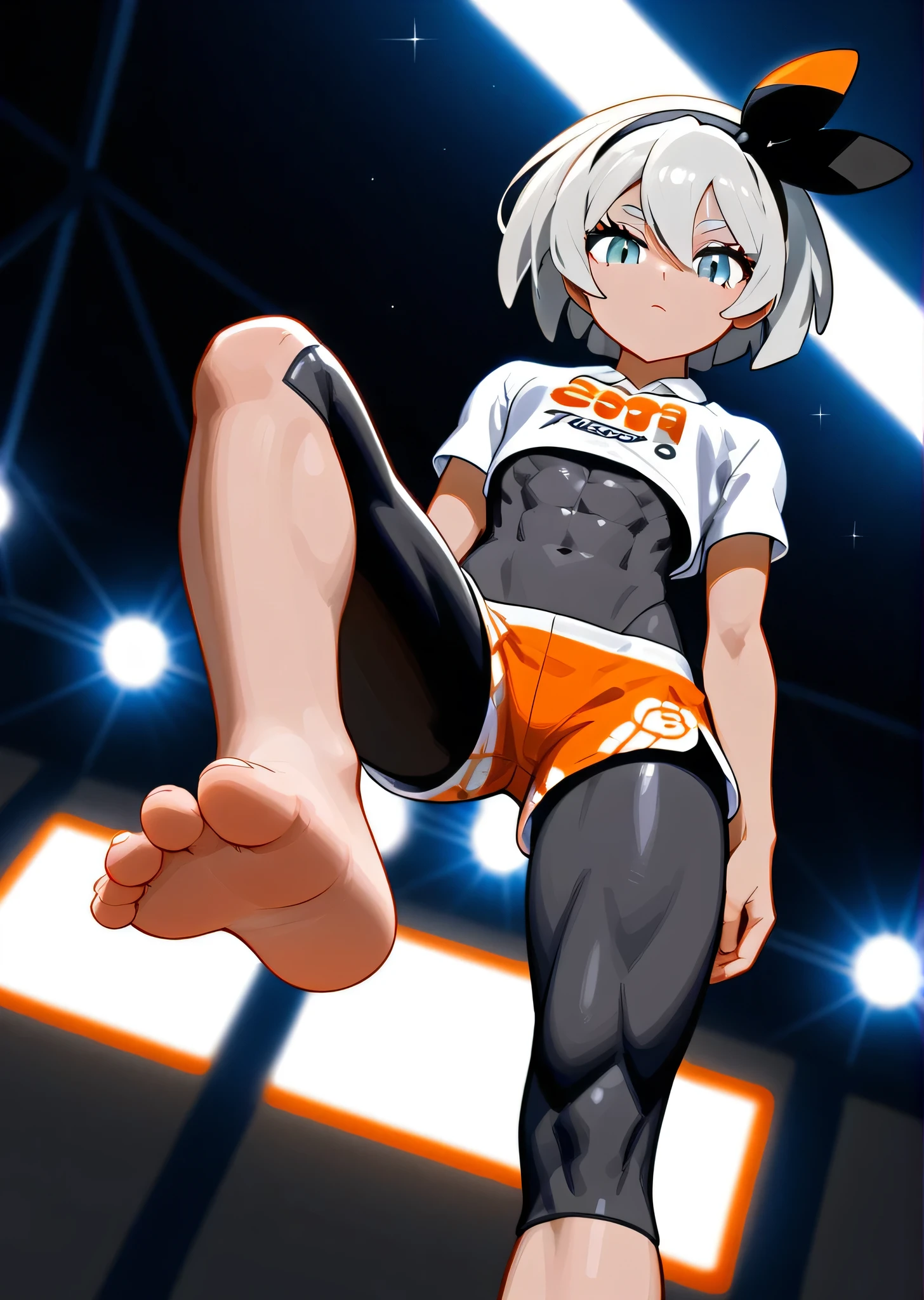 [bea], [pokemon], [uploaded to e621.net; (napalm_express)], ((masterpiece)), ((HD)), ((high res)), ((solo portrait)), ((full body)), ((low angle view)), ((foot focus)), ((detailed shading)), ((beautiful render art)), ((intricate details)), {(athletic figure), (dark-toned skin), (cute grey eyes), (short eyelashes), short white hair, (curvy hips), (defined muscles), (beautiful toned legs), (cute feet), (expressionless)}, {(white shirt), (midriff), (navel), (bodysuit under clothes), (orange print shorts), (black hairband)}, {(looking at viewer)}, [ambient lighting, gym, lights]