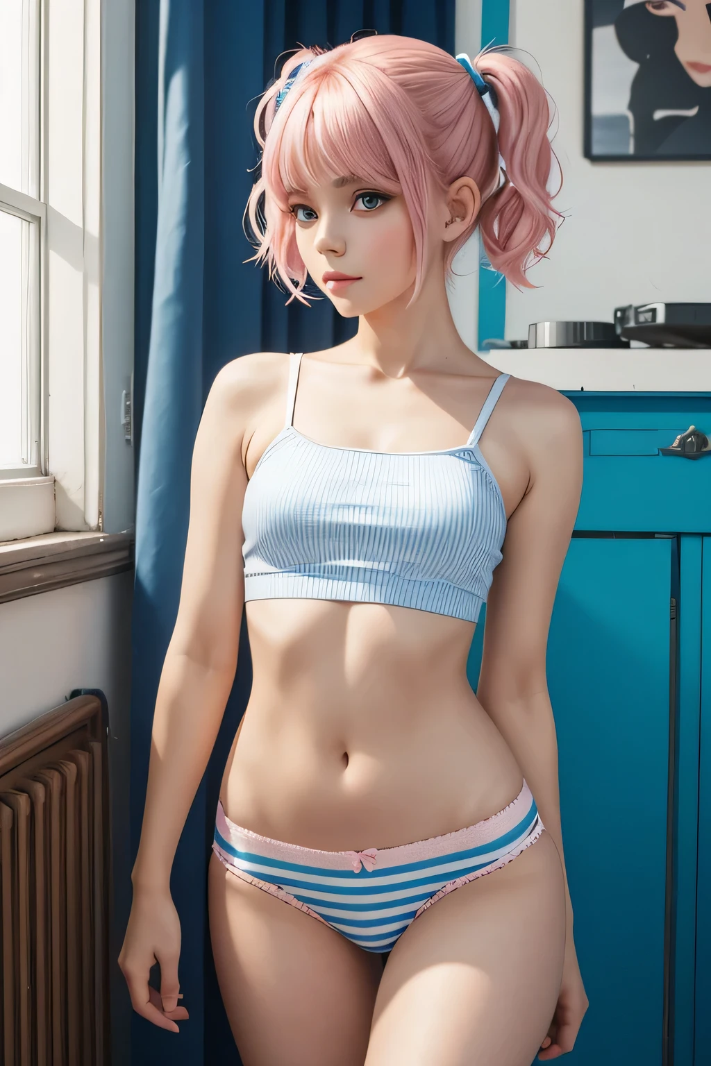1 pretty woman, short pink hair with pigtails, small waist, skinny, small crop top, white cotton panties with blue stripes, rear view, размеры обхват груди 85см, обхват талии 66 сантиметров, обхват бедер 95см