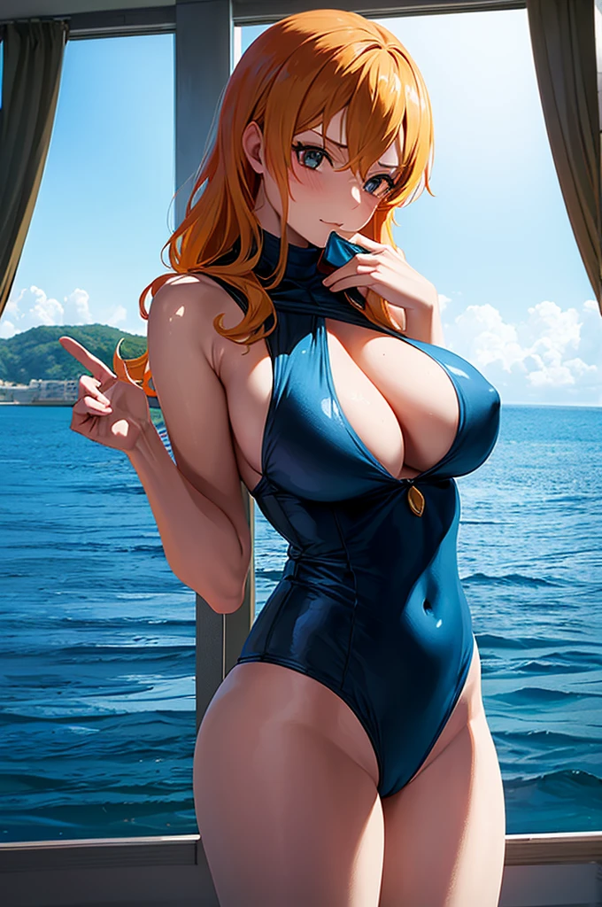 A girl with big tits, Nami One Piece, Nami puts her hand over her mouth