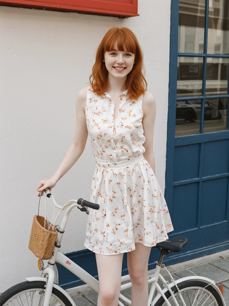 her name is Anna Maria Schmidt, high quality, ((white pale skin)), 1girl, ((20-year-old fit Caucasian woman)), ((20 years old)), ((fit)), ((ginger hair with bangs)), pose: standing, wearing stylish navy printed mini dress, BACKGROUND: street bicycle for a fresh and vibrant look, ugly smiling, standing, loose waves