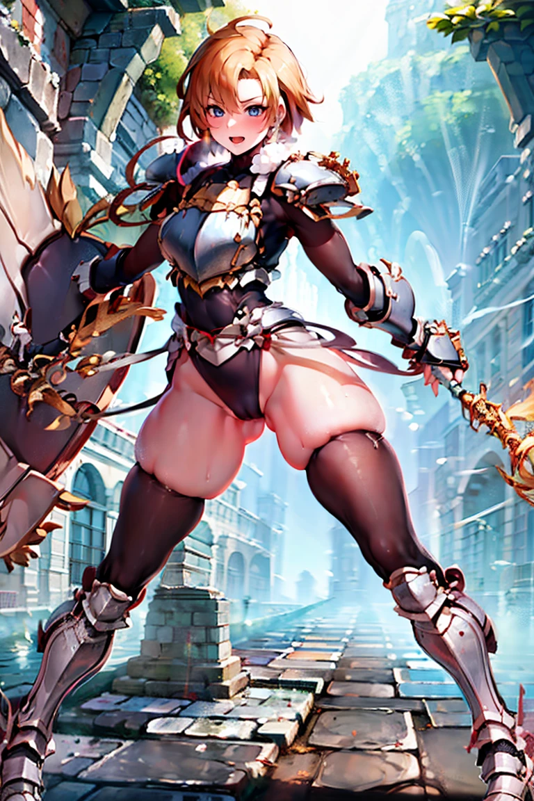 jewelry, bodysuit, fingerless gloves, knight, highleg, (((skin tight))), vambraces, arm guards,faulds,greaves, 1girl,solo,　gauntlets, armored boots, breastplate, pauldrons, shoulder armor, big armors, thighhighs, dare thighs, short hair, pink hair, blue eyes, adult, adult face, fearless face, curvy, perfect proportion, perfect anatomy, perfect body, armored dress knight, plate armor knight, silver knight armor, ahoge, center loincloth, skirt, black legwear, black clothes, black wear, covered arms, masterpiece, masterwork, best quality, super fine illustration, beautiful, ultra detailed beautiful face, cg unity 8k wallpaper, ultra detailed, ultra high res, round face, smile, leotard, absurdres, exquisite, by famous artist, voluptuous, official art, fair skin, gleaming skin, oil skin, shiny skin, sweat, front view, two arms, both arms, perfect arms, perfect fingers, perfect hands, flame and battlefield background, shield, outdoor, perfect eyes, even eyes, symmetrical eyes, clear eyes, ultra detailed beautiful eyes,