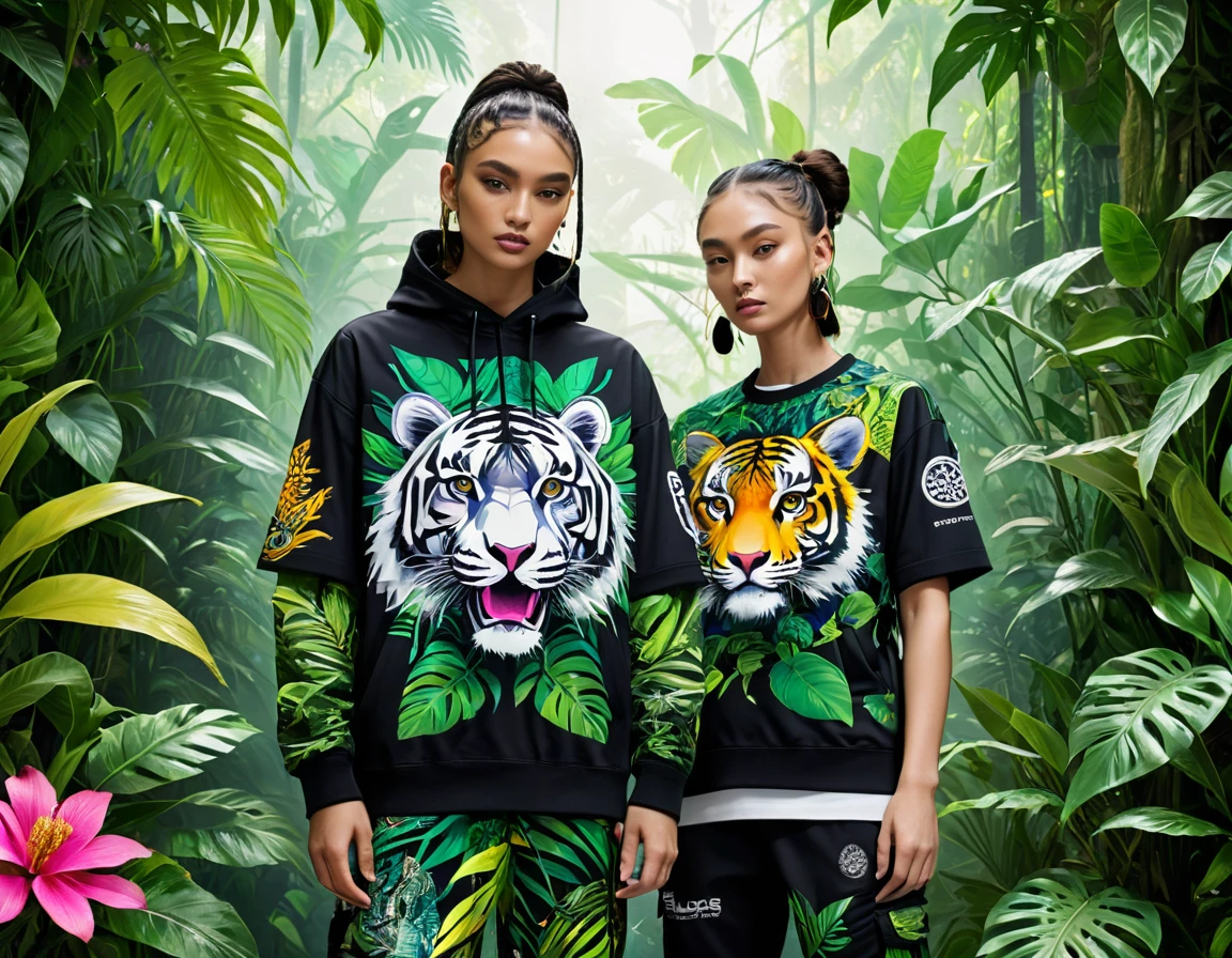 'This image showcases a sublimation print on streetwear garments, blending the wild chaos of a jungle with advanced technological aesthetics.',
        'The design features prints of wild animals such as tigers, monkeys, and birds, intertwined with lush vegetation like leaves, vines, and flowers.',
        'Geometric patterns and tech details are seamlessly integrated into the jungle elements, creating a harmonious yet contrasting visual.',
        'The color palette is bold and vibrant, dominated by neon and metallic shades that highlight the technological aspect of the design.',
        'The overall theme reflects a love for both nature and technological innovation, with the streetwear garments serving as a canvas for this unique fusion.',