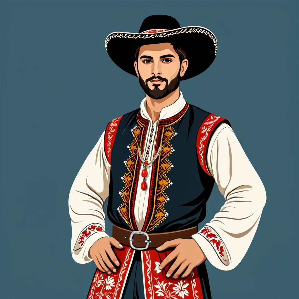 man in georgia folk outfit, vector graphics, strong contours