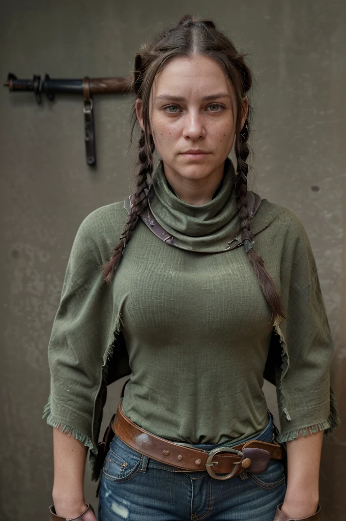 ((Female, 27 years old, red dead redemption aura, 1800s outlaw, dark green eyes, dark brown hair in messy braid, wearing dark poncho and tattered jeans, gun belt, knife strapped to leg, rifle strapped to back, dirty skin, back to viewer, head turned to look at viewer, slightly frown, intimidating look, excellent quality, detailed face, detailed clothing, detailed body))