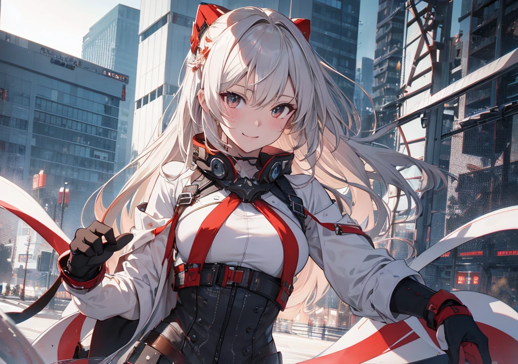 Realistic photos, Focus distance 10mm, Red and white, A big smile, Beautiful girl, Realistic photos, Focus distance 10mmで撮影, masterpiece, 最high quality, high quality, Very detailed CG 8k wallpaper unit, Award-winning photography, Depth of written boundary, High resolution, bloom, chromatic aberration, Realistic, Very detailed, Art Station Trends, CGsociety Trends, Complex, High detail, dramatic, Art on the go, volumetric lighting, Beautiful Girl Fighter of the Sky Arena。Preparing for battle。Skyscrapers in the background
