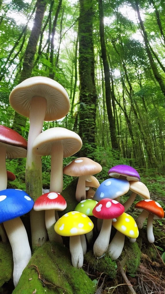Rainbow-colored mushrooms, in the forest, full of mushrooms