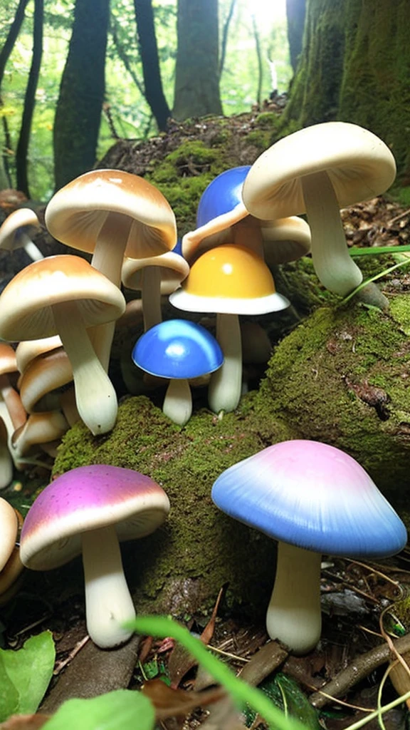 Rainbow-colored mushrooms, in the forest, full of mushrooms