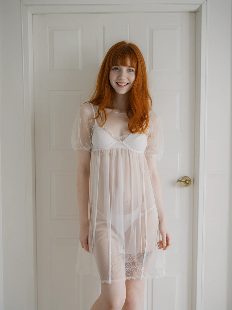 her name is Anna Maria Schmidt, high quality, ((white pale skin)), 1girl, ((20-year-old fit Caucasian woman)), ((20 years old)), ((fit)), ((ginger hair with bangs)), pose: standing, wearing stylish (maroon mesh negligee), BACKGROUND: black and dark minimalist doorat night, ugly smiling, standing, loose waves
