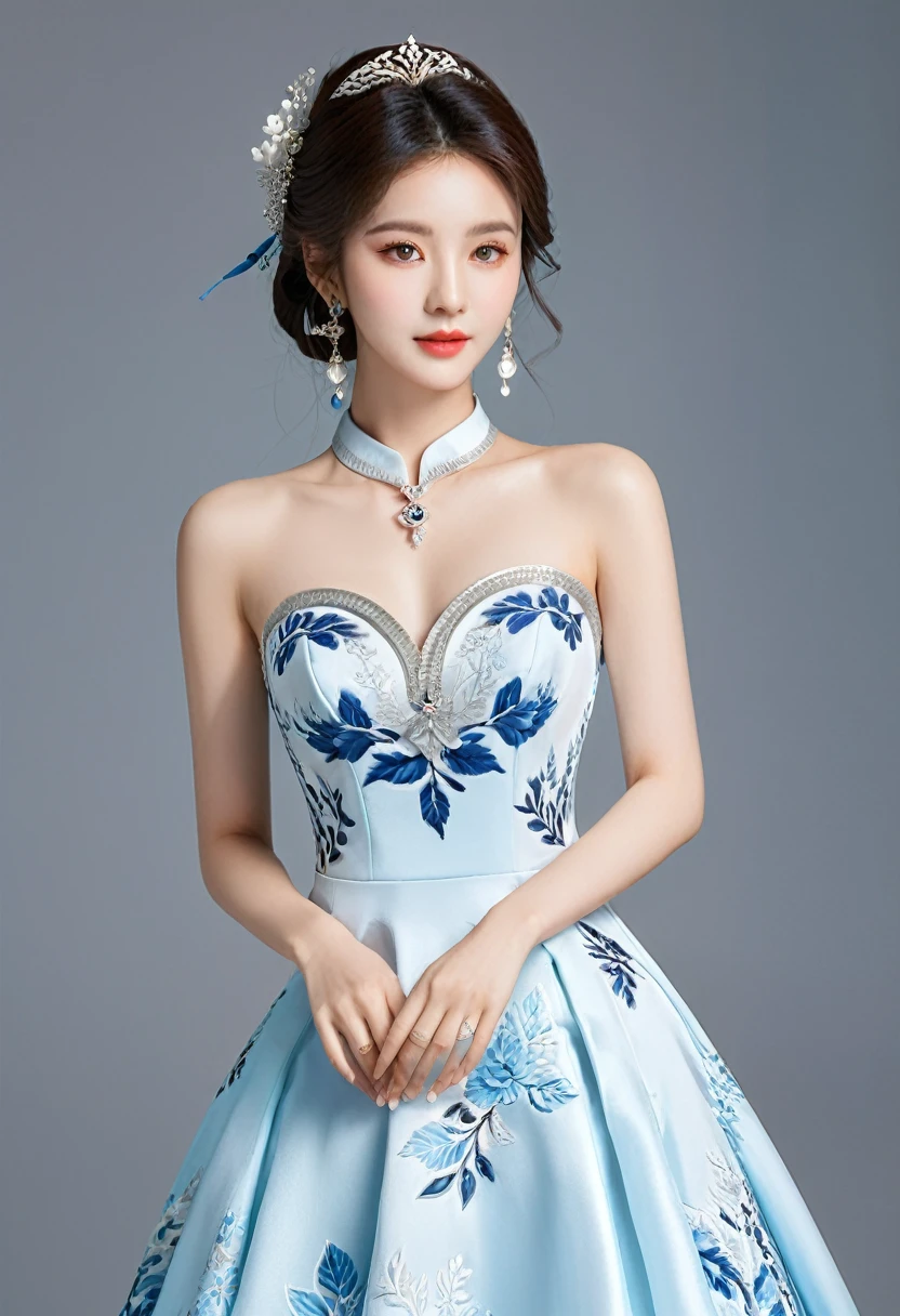 Realistic photo style, whole body 사진에 아름다운 아시아 소녀가 등장합니다., Wearing a unique ethnic style evening gown with delicate skin., bright and lively eyes, Thick eyelashes that look especially attractive. Long dresses are slim and elegant., Eye-catching silver jewelry and alcohol. The high-collar design adds an elegant atmosphere., Color of blue and white porcelain. using light and shadow, The vivid and harmonious appearance of the protagonist is highlighted... whole body, (masterpiece, best quality, professional, perfect composition, very aesthetic, absurd, very detailed, intricate details:1.3)