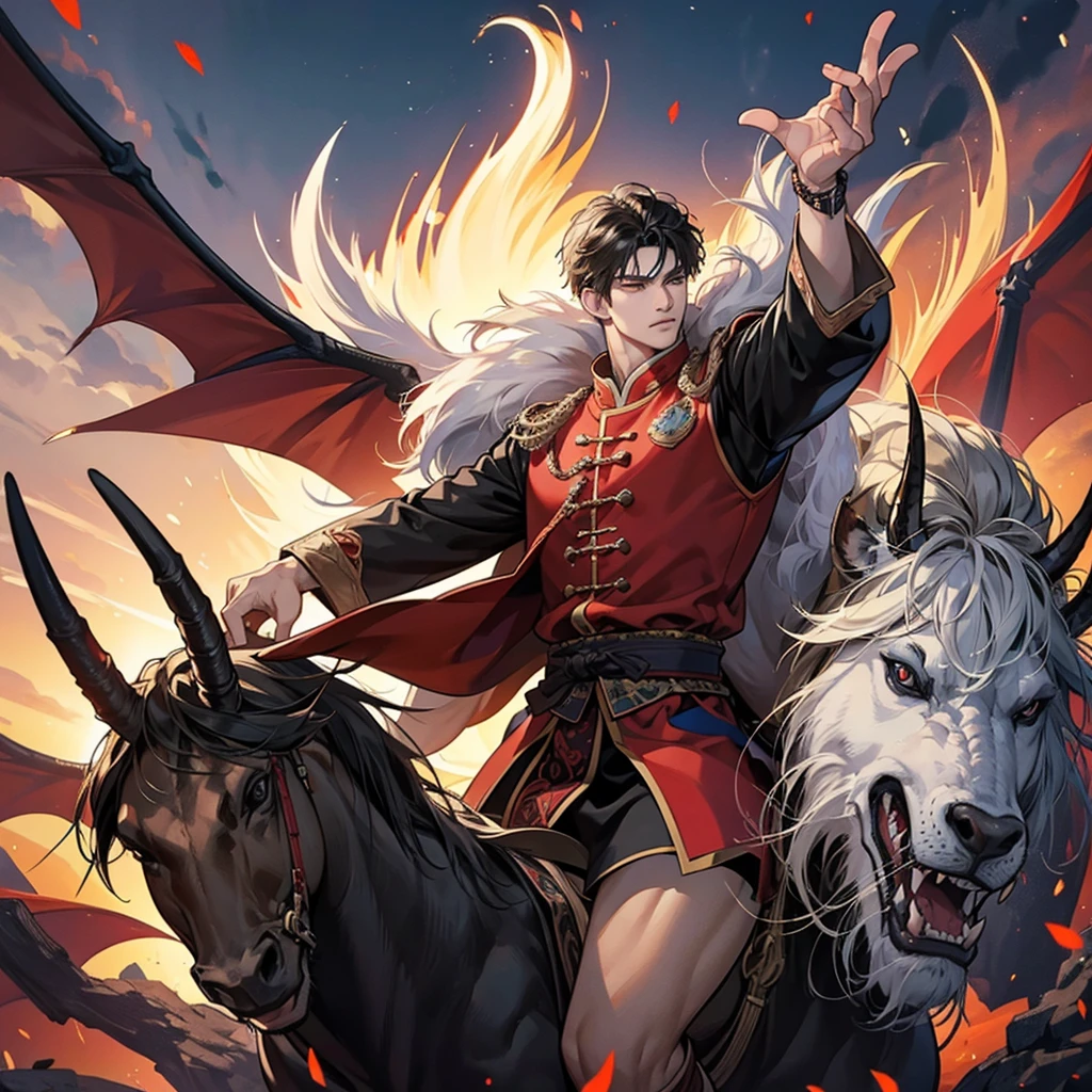 1 handsome genghis khan, manly, handsome, riding dragon, demon slayer, 8k, hd, unreal engine,