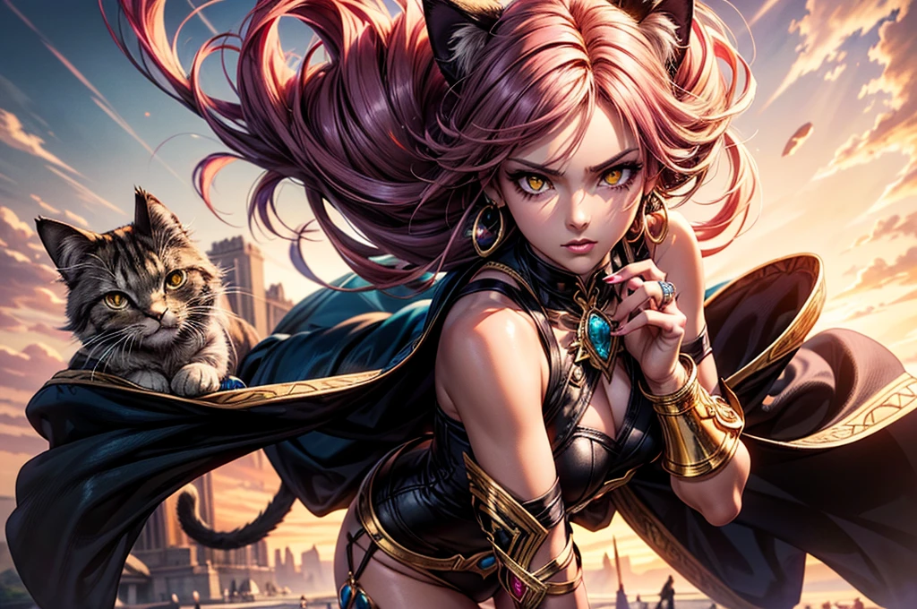 There is lost coliseum there stand female lioness in battle stance, she have ebony colour skin beautiful yellow cat eyes dark gold eyeshadows make up, ring style earrings, her hair is purple with pink highlights . she dressed in white neather topic with golden parts on countures also short and white leather straps on her cat legs instead of boots, her hands have hude ruby claws on her fingers, (ultra high quality fantasy art, dark fantasy style, masterpiece, ultra high quality character design, 8k quality anime art, realistic anime art, top quality wallpaper illustration, detailed ultra high quality accurate face, high quality design and accurate physic)