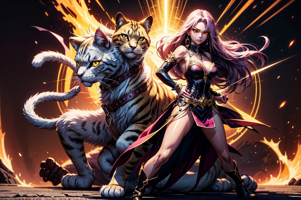 There is lost coliseum there stand female lioness in battle stance, she have ebony colour skin beautiful yellow cat eyes dark gold eyeshadows make up, ring style earrings, her hair is purple with pink highlights . she dressed in white neather topic with golden parts on countures also short and white leather straps on her cat legs instead of boots, her hands have hude ruby claws on her fingers, (ultra high quality fantasy art, dark fantasy style, masterpiece, ultra high quality character design, 8k quality anime art, realistic anime art, top quality wallpaper illustration, detailed ultra high quality accurate face, high quality design and accurate physic)