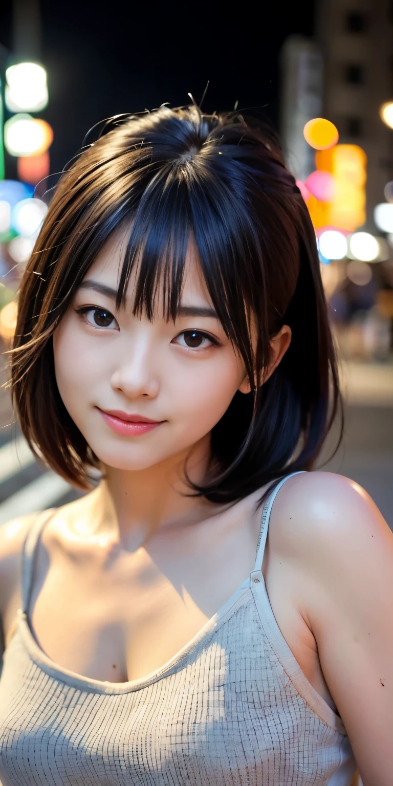 1 girl, Tokyo Street,night, Streetscape,City lights,Upper Body,close,smile,, (8k, RAW Photos, Highest quality, masterpiece:1.2),(Realistic, photo-Realistic:1.37),
