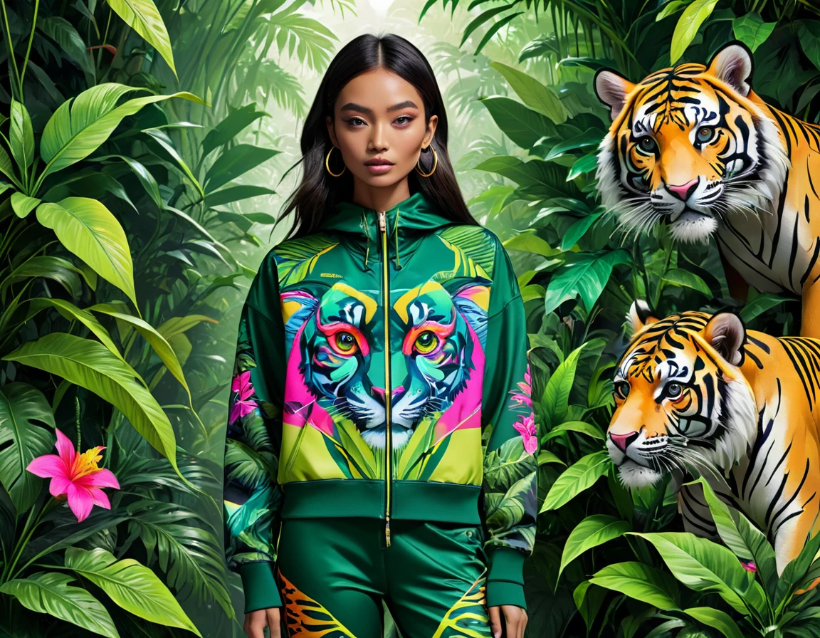 'This image showcases a sublimation print on streetwear garments, blending the wild chaos of a jungle with advanced technological aesthetics.',
'The design features prints of wild animals such as tigers, monkeys, and birds, intertwined with lush vegetation like leaves, vines, and flowers.',
'Geometric patterns and tech details are seamlessly integrated into the jungle elements, creating a harmonious yet contrasting visual.',
'The color palette is bold and vibrant, dominated by neon and metallic shades that highlight the technological aspect of the design.',
'The overall theme reflects a love for both nature and technological innovation, with the streetwear garments serving as a canvas for this unique fusion.',