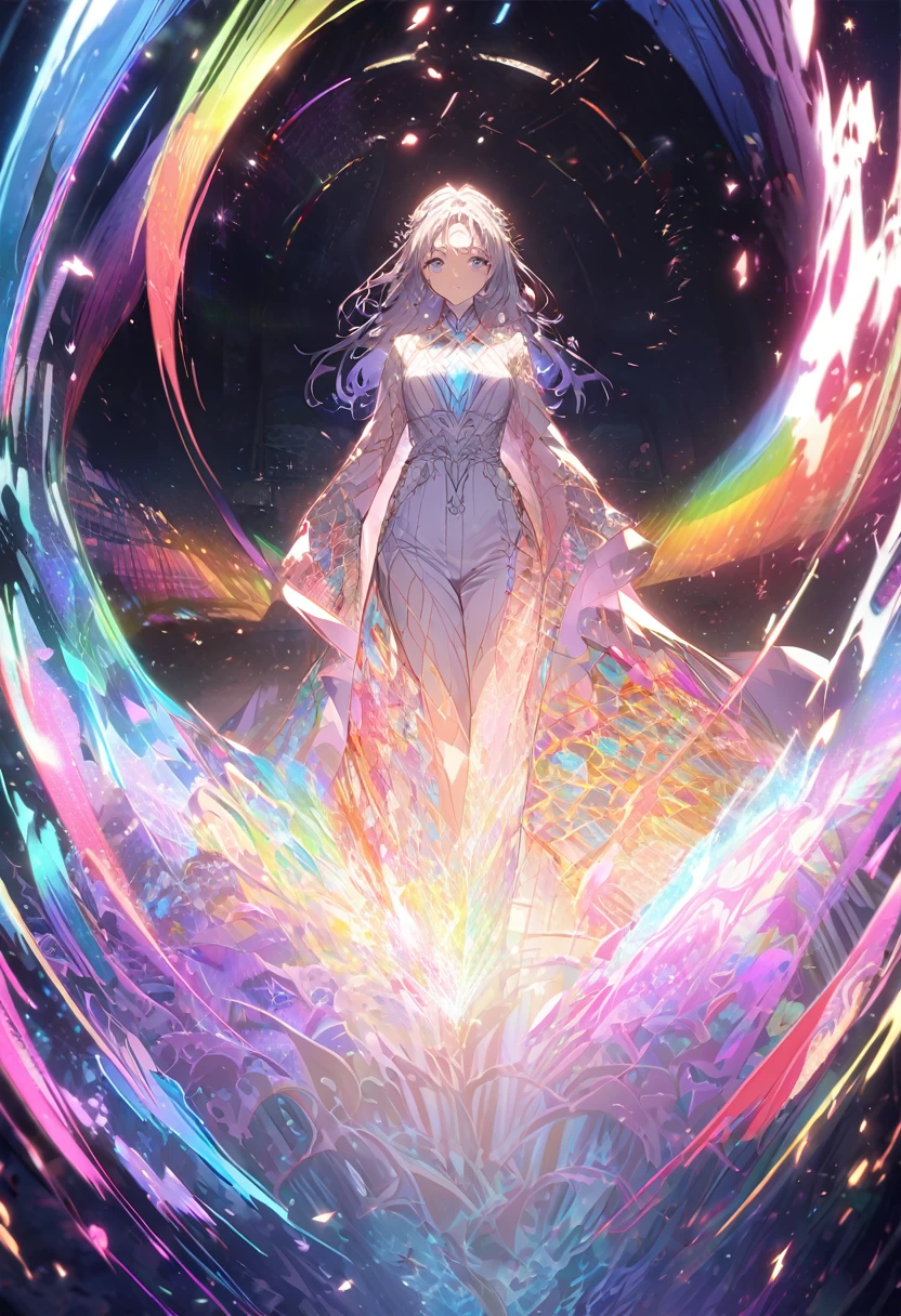 A woman standing on colorful rocks，The silk cape on the body is seamlessly connected with the colorful rocks，All in one piece，Colorful Rock Cloak，Typical oriental woman，Colorful brushed sea surface，Flowing and smooth，Surreal photography，A perfect combination，Unite，Ultra-clear，pole