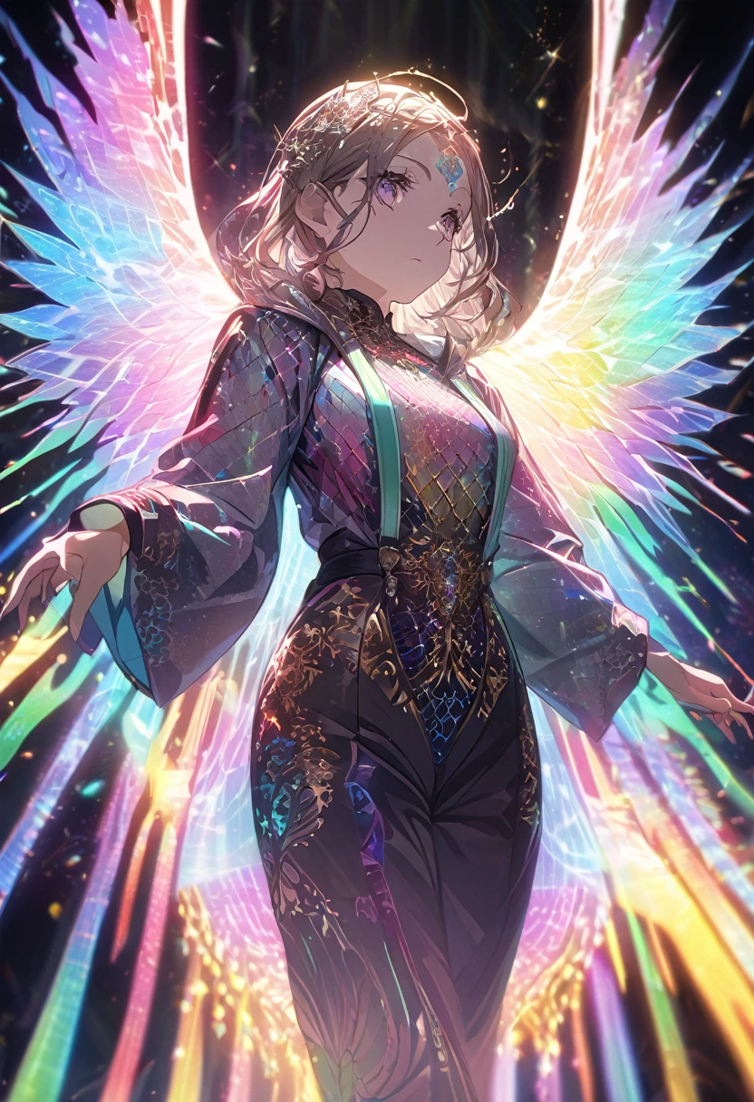 In a world where technology meets spirituality, a luminous celestial being bathes in a holographic aura of rainbow light, radiating a sense of otherworldly beauty. The image is a digital hologram projected against a stark black background, creating a striking contrast. Its ethereal presence is highlighted by intricate metallic filigree patterns that seem to dance and shift with every movement. The details are so incredibly vivid and realistic that it feels as if the divine entity could step out of the screen at any moment. The overall effect is mesmerizing, drawing viewers into a realm of awe-inspiring wonder and magic.anime , girl